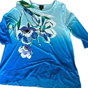 JM Collection Floral Tunic - Blue Turquoise Abstract 3/4 Sleeve XXL Top | NWT